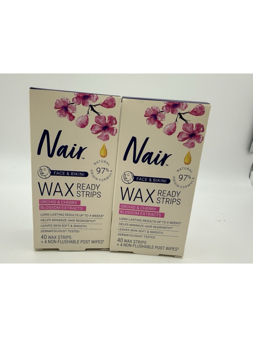 2 Nair Hair Remover Wax Ready-Strips Face & Bikini 40 CT ORCHID CHERRY BLOSSOM